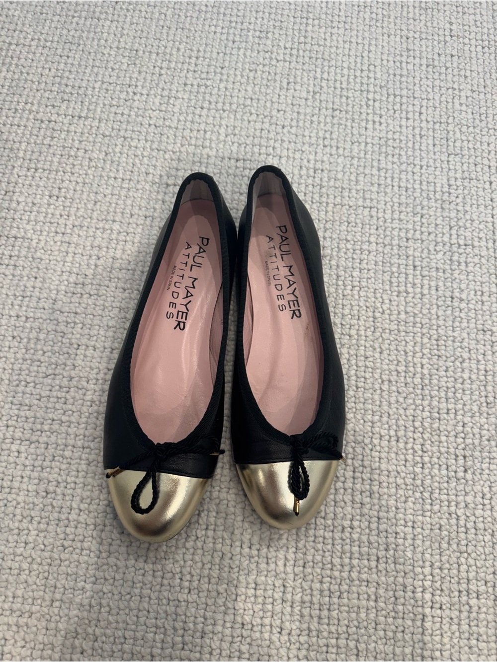 Paul Mayer Black Leather Ballet Flats with Gold Toe
